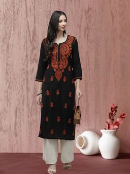 ADA - Women Black & Rust Ethnic Motifs Embroidered Chikankari Thread Work Kurta