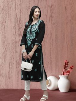 ADA - Women Black & Green Ethnic Motifs Embroidered Chikankari Thread Work Kurta
