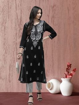 ADA - Women Black & Silver Ethnic Motifs Embroidered Chikankari Thread Work Kurta