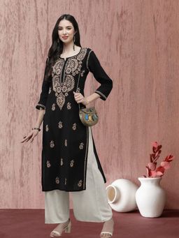 ADA - Women Black & Brown Ethnic Motifs Embroidered Chikankari Thread Work Kurta