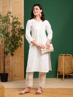 ADA - Hand Embroidered Lucknowi Chikankari White Cotton Kurta Gota Patti Work