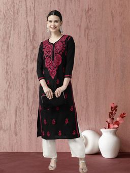 ADA - Women Black & Magenta Embroidered Chikankari Thread Work Kurta