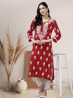 ADA - Hand Embroidered Lucknowi Chikankari Rose Pattern Maroon Rayon Kurta