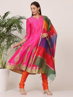 Kaanchie Nanggia - Pink Silk Printed Anarkali Churidar with Dupatta (Set of 3)