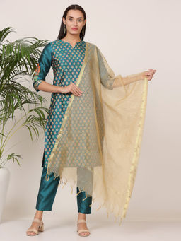 Kaanchie Nanggia - Dark Green Silk Printed Kurta Pant with Dupatta (Set of 3)