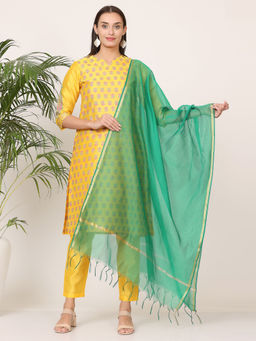 Kaanchie Nanggia - Yellow Silk Printed Kurta Pant with Dupatta (Set of 3)