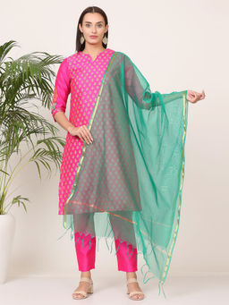 Kaanchie Nanggia - Pink Silk Printed Kurta Pant with Dupatta (Set of 3)