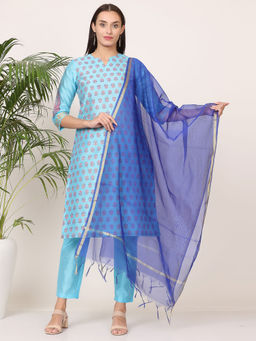 Kaanchie Nanggia - Turquoise Silk Printed Kurta Pant with Dupatta (Set of 3)