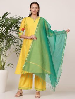 Kaanchie Nanggia - Yellow Pure Silk Embroidered Flayed Kurta Palazzo with Dupatta (Set of 3)