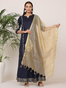Kaanchie Nanggia - Navy Blue Pure Silk Embroidered Flayed Kurta Skirt with Dupatta (Set of 3)