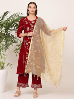 Kaanchie Nanggia - Maroon Velvet Embroidered Kurta Palazzo with Dupatta (Set of 3)