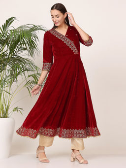 Kaanchie Nanggia - Maroon Velvet Embroidered Anarkali with Pant (Set of 2)