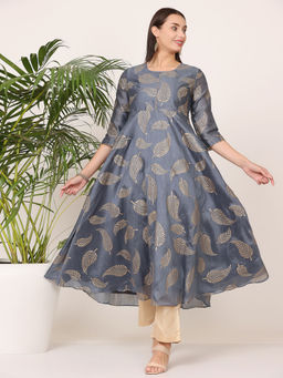 Kaanchie Nanggia - Grey Silk Printed Anarkali with Pant (Set of 2)