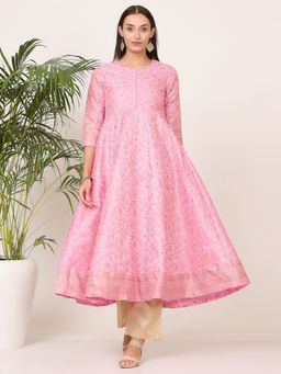 Kaanchie Nanggia - Pink Silk Printed Anarkali with Pant (Set of 2)