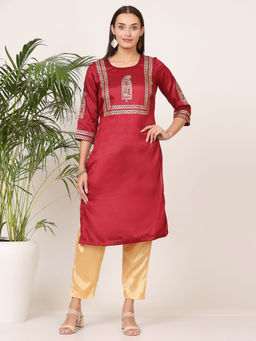 Kaanchie Nanggia - Maroon Santon Printed Kurta with Pant (Set of 2)