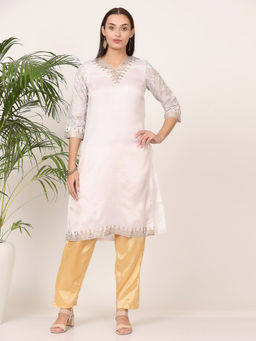 Kaanchie Nanggia - White Santon Printed Kurta with Pant (Set of 2)