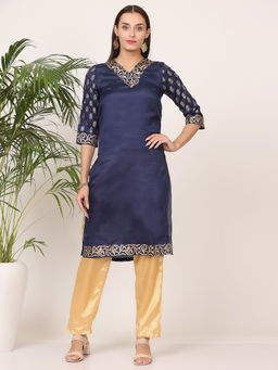 Kaanchie Nanggia - Navy Blue Santon Printed Kurta with Pant (Set of 2)