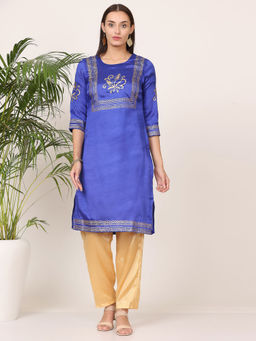 Kaanchie Nanggia - Royal Blue Santon Printed Kurta with Pant (Set of 2)