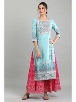 Aurelia - Light Blue Straight Floral Print Kurta In Round Neck