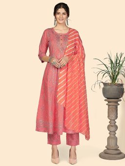 Vbuyz - Womens Bandhani & Embroidered Anarkali Cotton Pink Kurta (Set of 3)