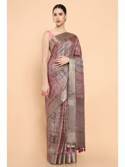 Soch - Women Pink Cotton Printed Saree with Unstitched Blouse