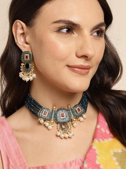 Gahan - Womens Navy Blue Gold-Plated Kundan Jewellery Set