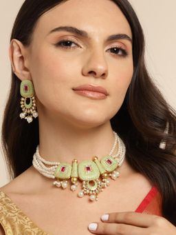 Gahan - Womens Green Gold-Plated Kundan Jewellery Set