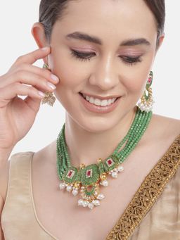 Gahan - Womens Green Gold-Plated Kundan Jewellery Set