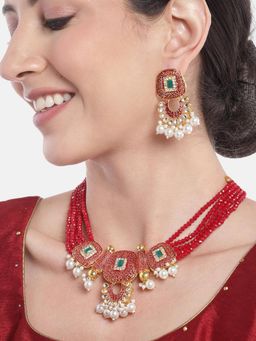 Gahan - Womens Red Gold-Plated Kundan Jewellery Set
