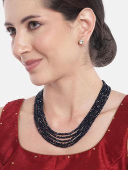 Gahan - Womens Gold-Plated Navy Blue Quartz Studded Layered Beaded Necklace with Earrings
