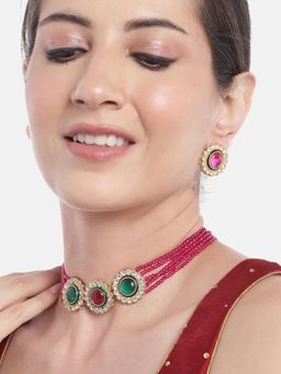 Gahan - Womens Gold-Plated Ad Multi-Color Studded Layered Beaded Necklace with Earrings