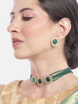Gahan - Womens Gold-Plated Ad Green Studded Layered Beaded Necklace with Earrings