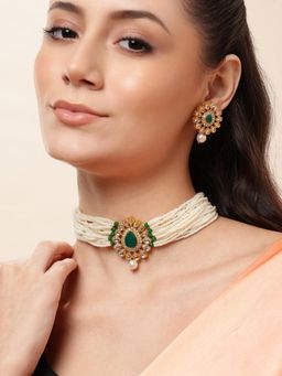 Gahan - Gold-Plated Green Kundan Stone Studded Beaded Choker Jewellery Set