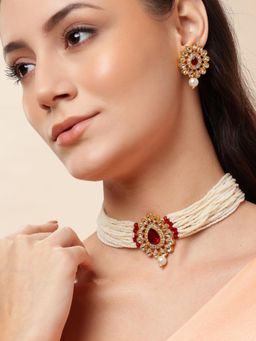 Gahan - Gold-Plated Red Kundan Stone Studded Beaded Choker Jewellery Set