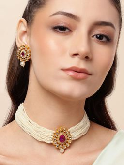 Gahan - Gold-Plated Purple Kundan Stone Studded Beaded Choker Jewellery Set