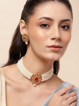 Gahan - Gold-Plated Pink Kundan Stone Studded Beaded Choker Jewellery Set