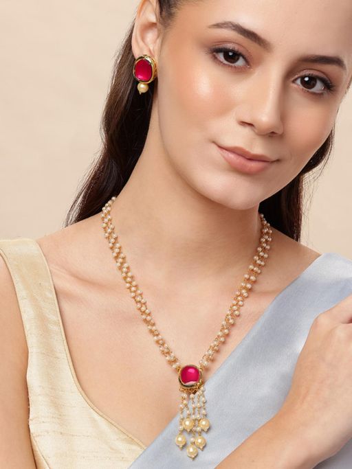 Gahan Gold-Plated Red Lightweight Kundan Jewellery Set