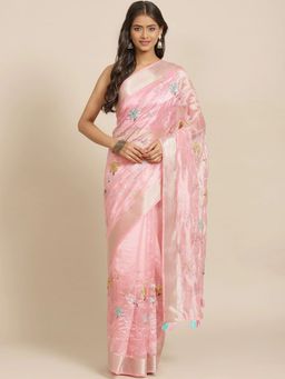 Odette - Women Pink Organza Embroidered Saree with Unstitched Blouse