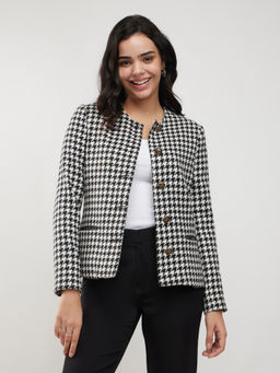 FableStreet - Black and White Round Neck Short Jacket