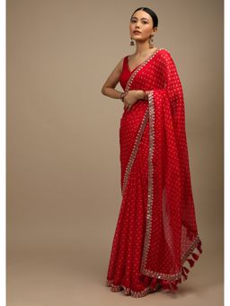 KALKI FASHION - Coral Red Saree In Organza with Bandhani Buttis with Unstitched Blouse