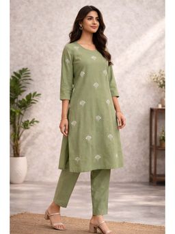 Gahan - Womens Cotton Green Embroidered Kurta Set