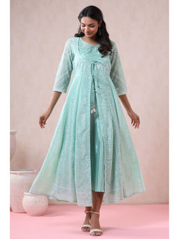 Juniper - Mint Floral Printed Georgette Layered Maxi Dress With Mirror Work