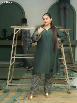 October - Emerald Silk Co-Ord Set in Real Silver Work