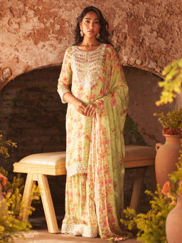 Sindh Fashion - Green Semi Georgette Printed Sharara with Kurta and Dupatta (Set of 3)
