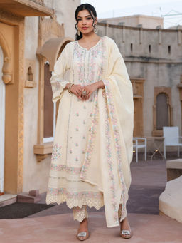 Sindh Fashion - Off White Cotton Resham Work Anarkali with Pant and Dupatta (Set of 3)