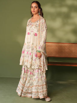 Sindh Fashion - Off White Semi Georgette Printed Lehenga with Kurta and Dupatta (Set of 3)