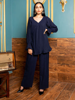 Empress Pitara - Navy Blue Pleated Top And Pant (Set of 2)