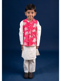 Mini Maana - Pink Arjun Cotton Embroidered Kurta Pyjama and Nehru Jacket