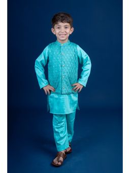 Mini Maana - Blue Ayush Chanderi Embroidered Kurta with Pyjama and Nehru Jacket