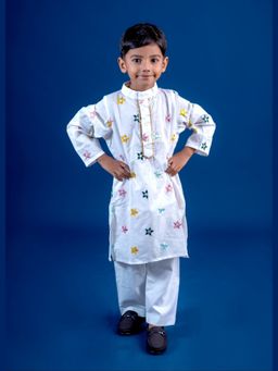 Mini Maana - White Anvay Boys Cotton Embroidered Kurta with Pyjama